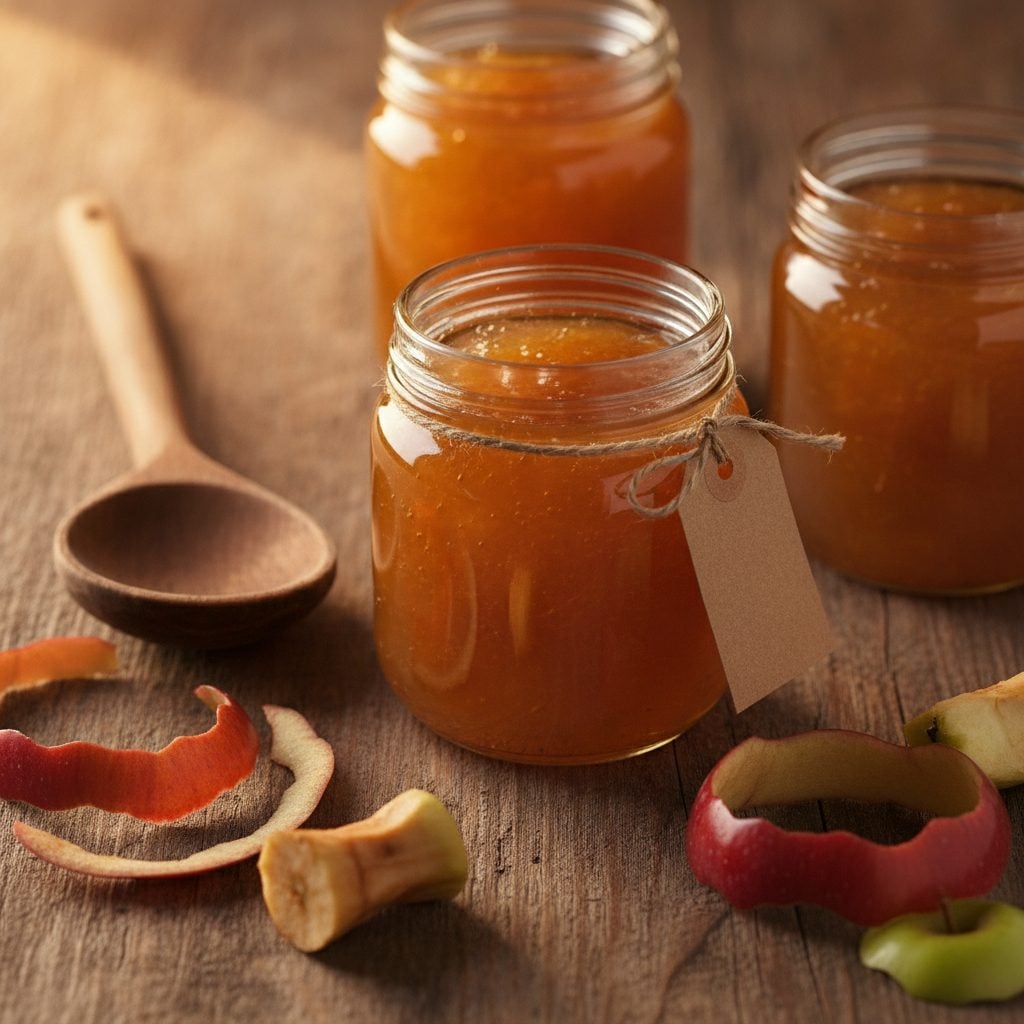 Three jars of golden apple scrap jelly on a wooden table with apple peels and cores in the foreground