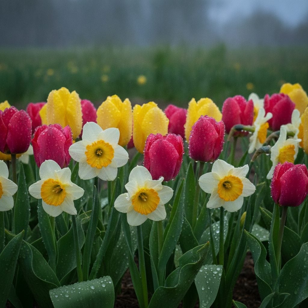 Vibrant tulips and daffodils in full bloom in a fresh April rain shower with large water droplets visible on petals and leaves.