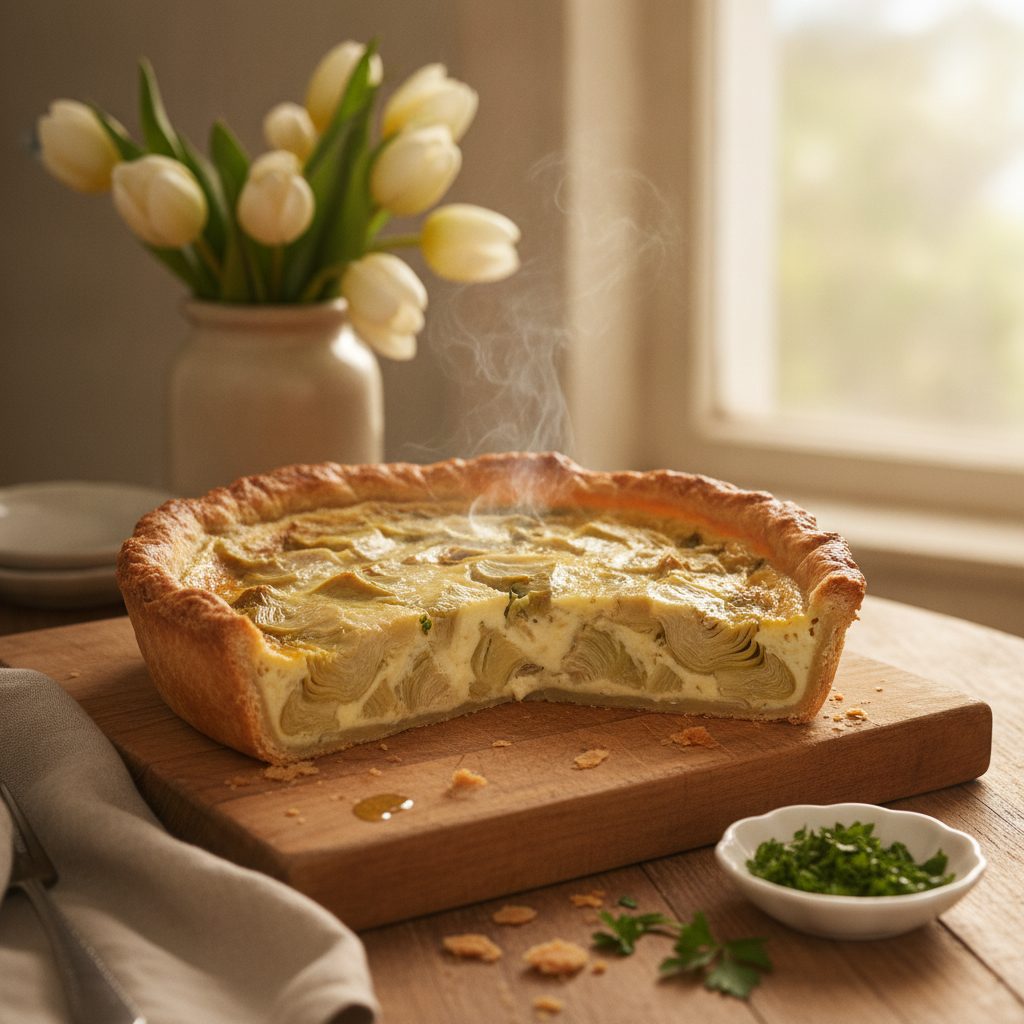 Slice of artichoke pie with golden custard and artichoke hearts