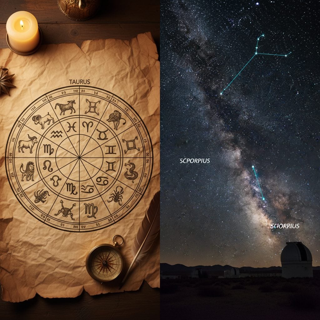 Split scene comparing a 12-sign astrology chart on parchment with a real night-sky astronomy photo of Scorpius and Ophiuchus