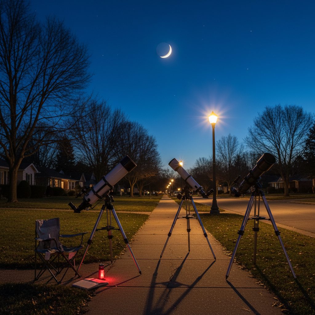 Three amateur telescopes set up on a residential sidewalk under a first-quarter Moon at dusk for Astronomy Day with a folding chair and red flashlight beside the nearest scope