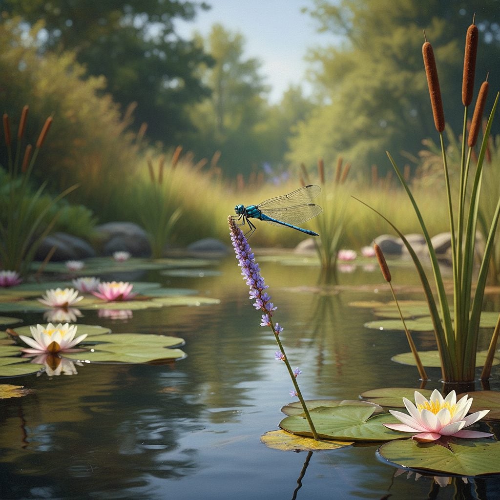 A bright blue green darner dragonfly perched on a pickerelweed stem above a small backyard pond, an example of how to attract dragonflies for mosquito control.