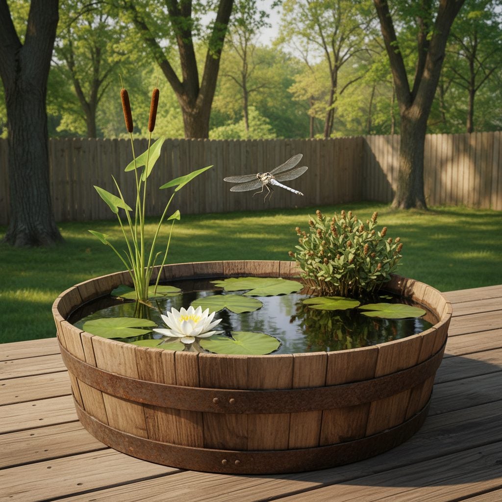 A half-barrel water garden with water lily, arrowhead, and cattail, with a common whitetail dragonfly hovering above, a simple way to attract dragonflies to a small yard.