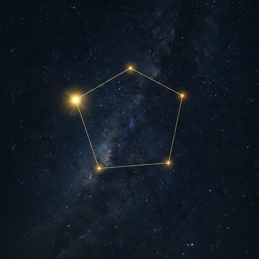 The Auriga constellation as a pentagon of five stars with golden Capella shining brightest in a clear, starry winter night sky