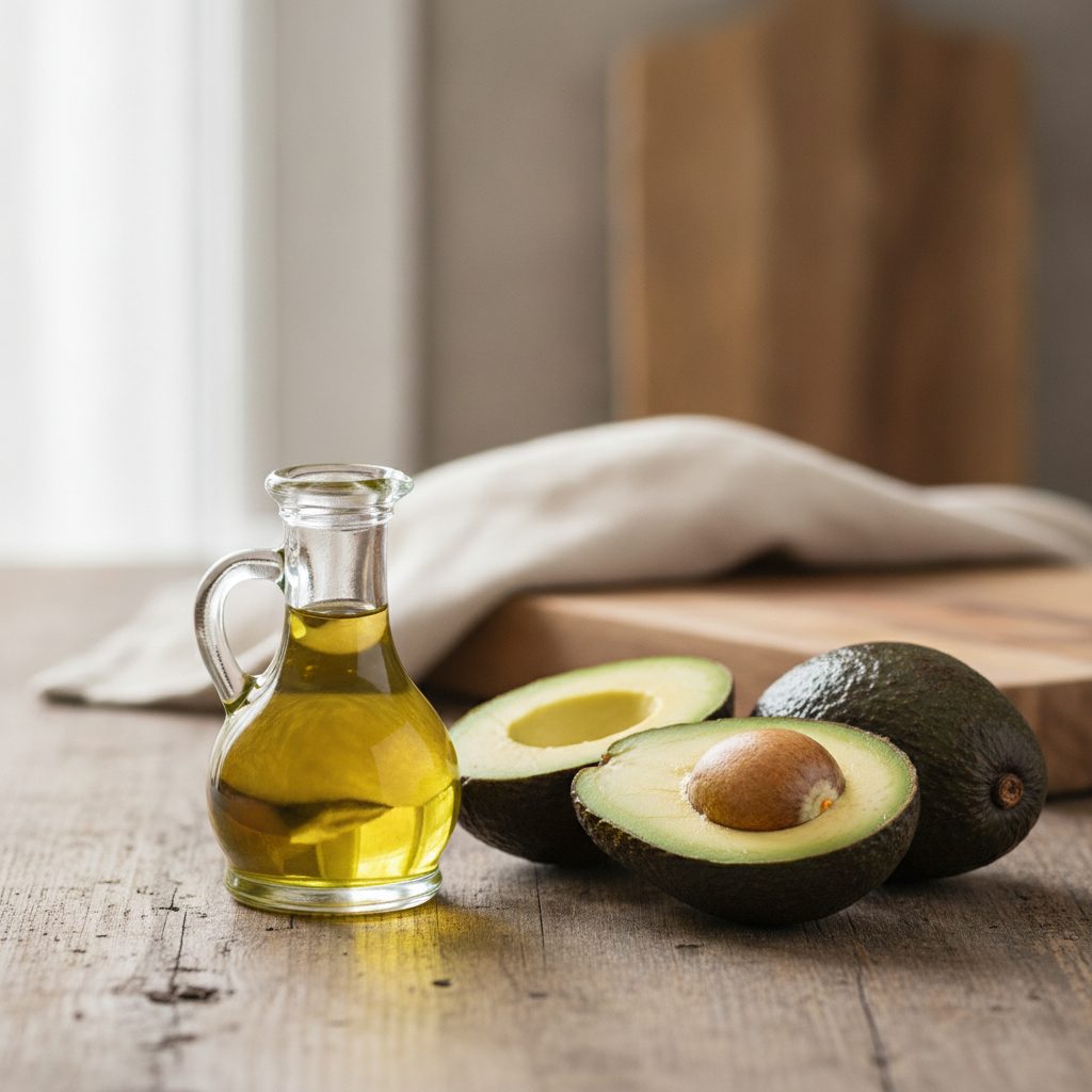 A glass cruet of golden-green avocado oil beside fresh halved avocados on a wooden counter showing avocado oil benefits