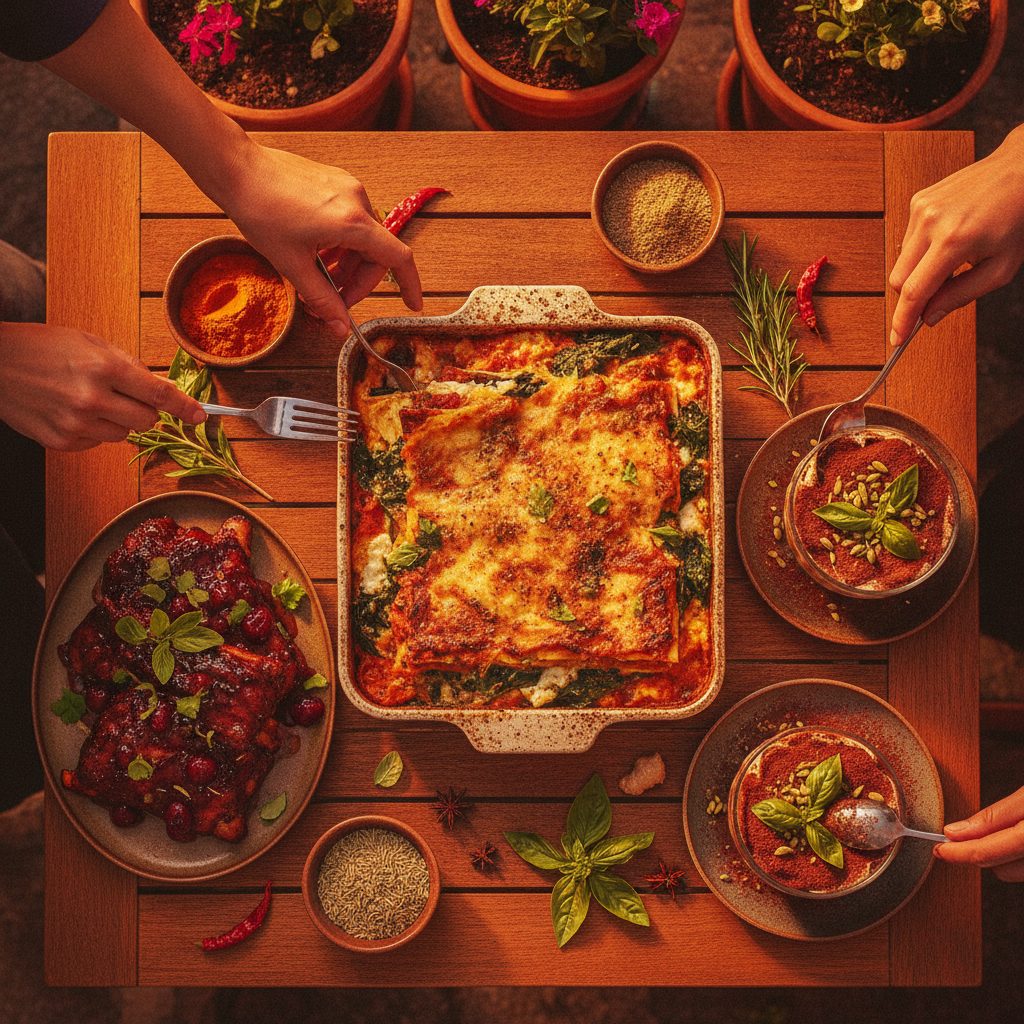 Italian family-style table with Ayurvedic ingredients