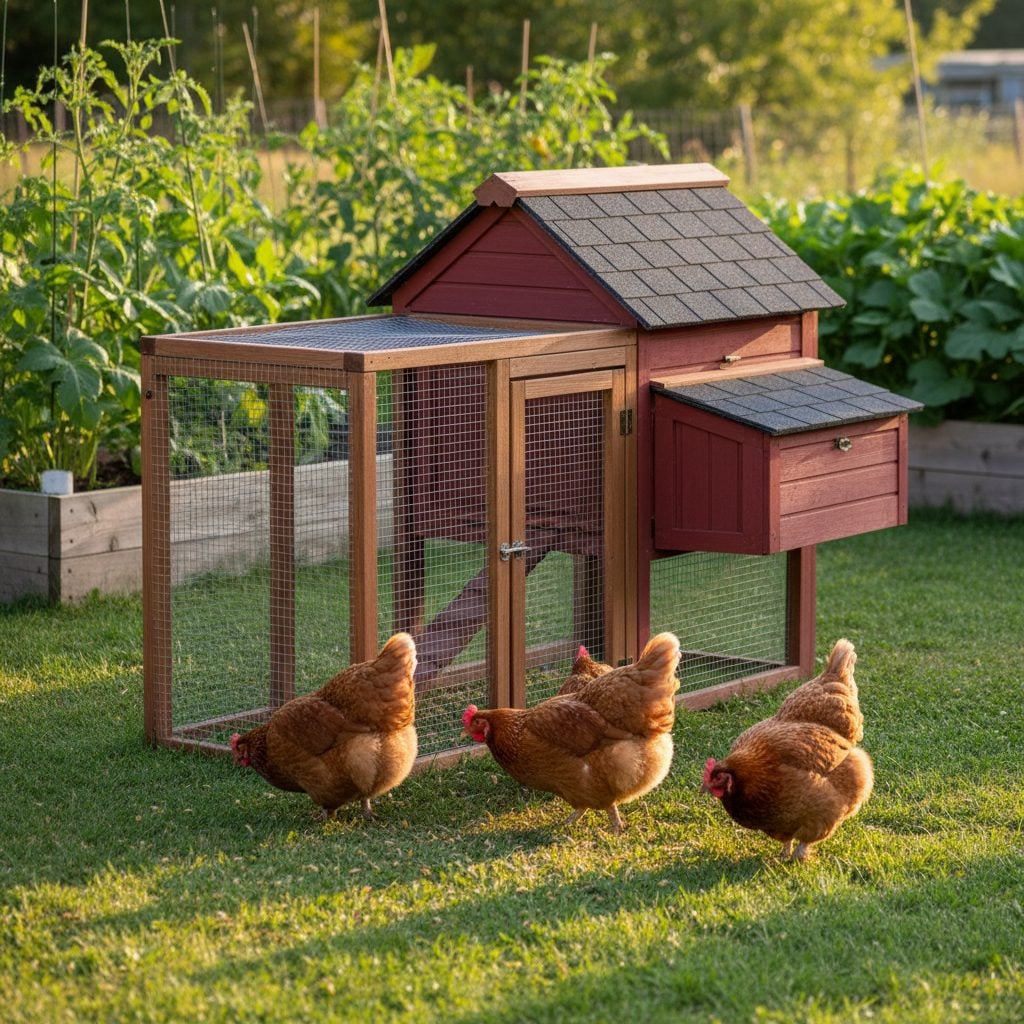 A small red wooden backyard chicken coop with an attached run and three friendly brown hens foraging in the sunlit grass in front of a vegetable garden