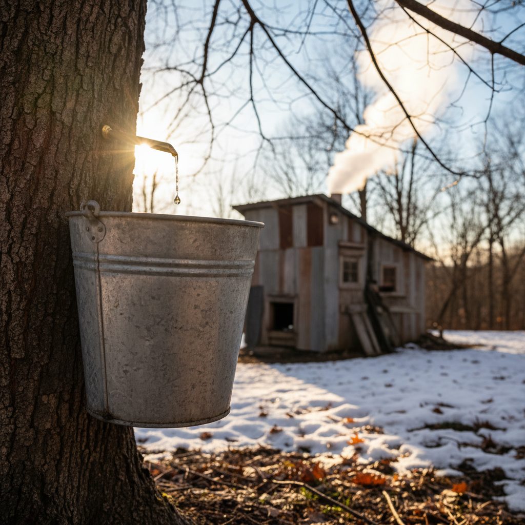 Galvanized sap bucket hanging from a tapped sugar maple in early March with backyard wood-fired evaporator steaming behind