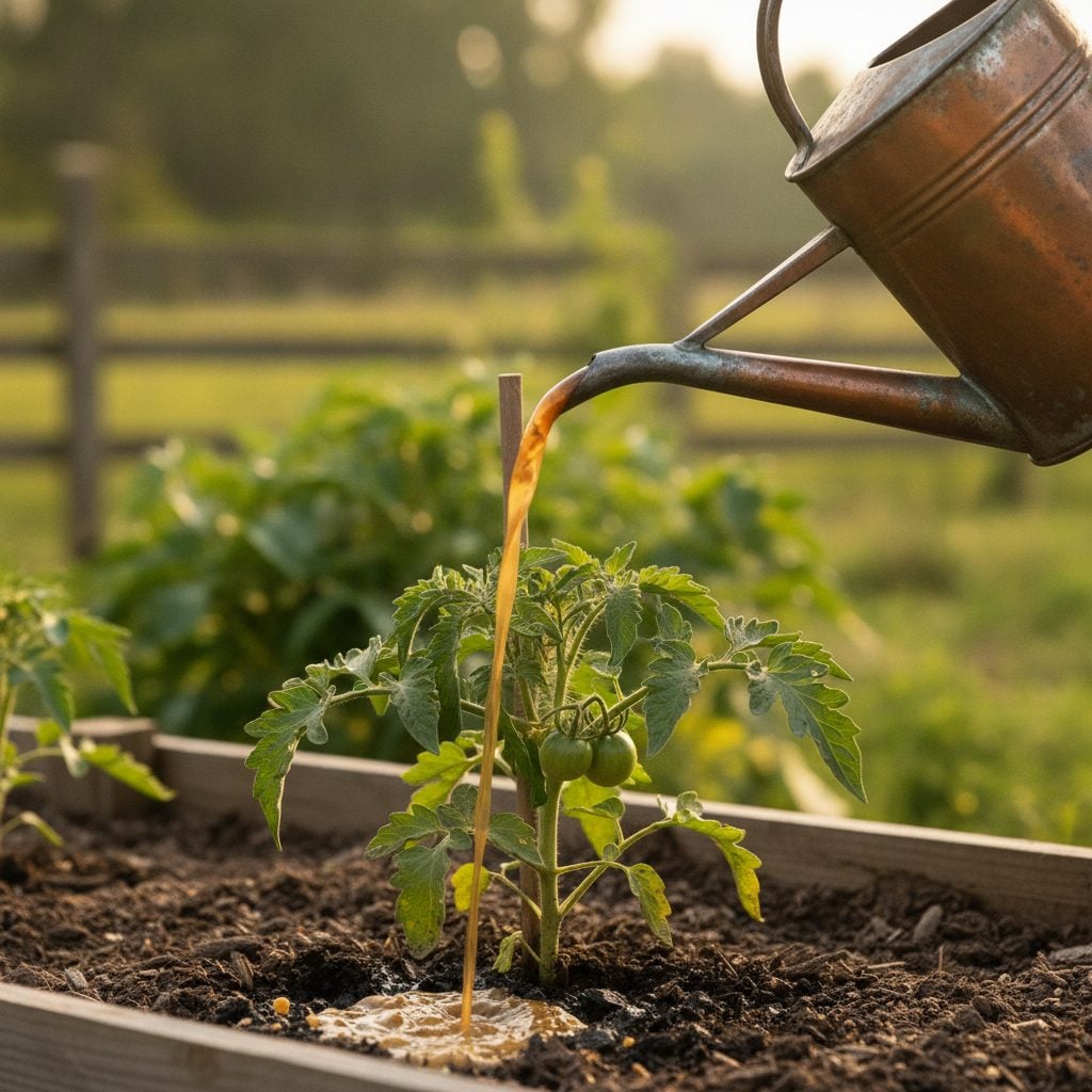 Watering can pouring golden banana peel fertilizer tea at the base of a thriving young tomato plant in a vegetable bed.