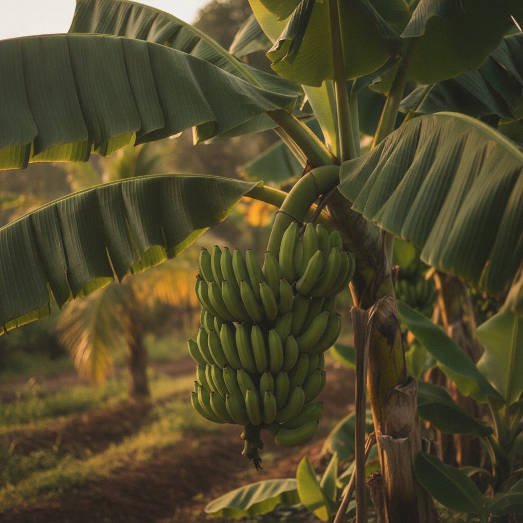 Banana plant in a tropical farm setting with giant green leaves and a hanging bunch of unripe green bananas in soft afternoon light.