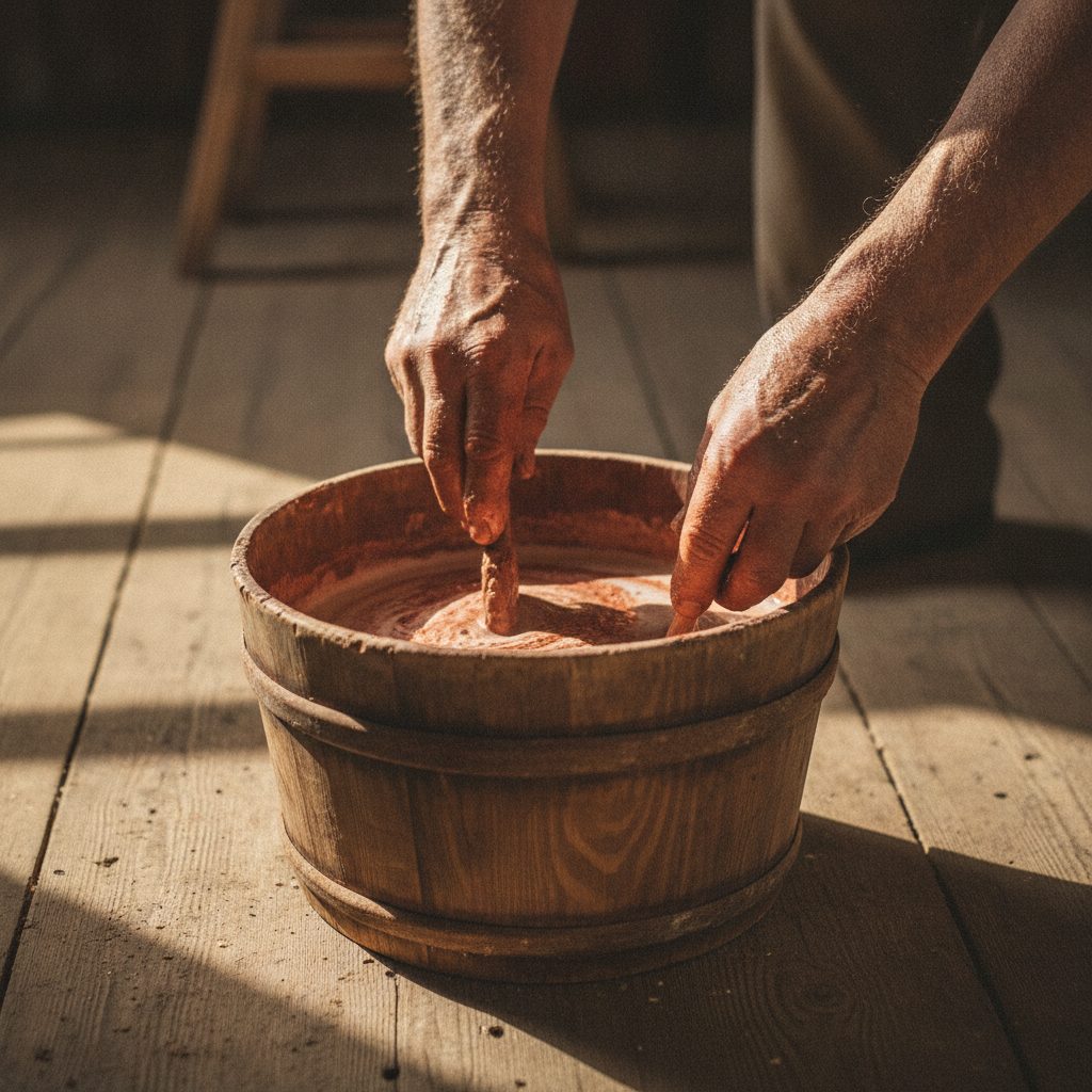Antique farmer's hands mixing iron oxide pigment with linseed oil and milk in a wooden bucket on a barn floor in warm afternoon light.