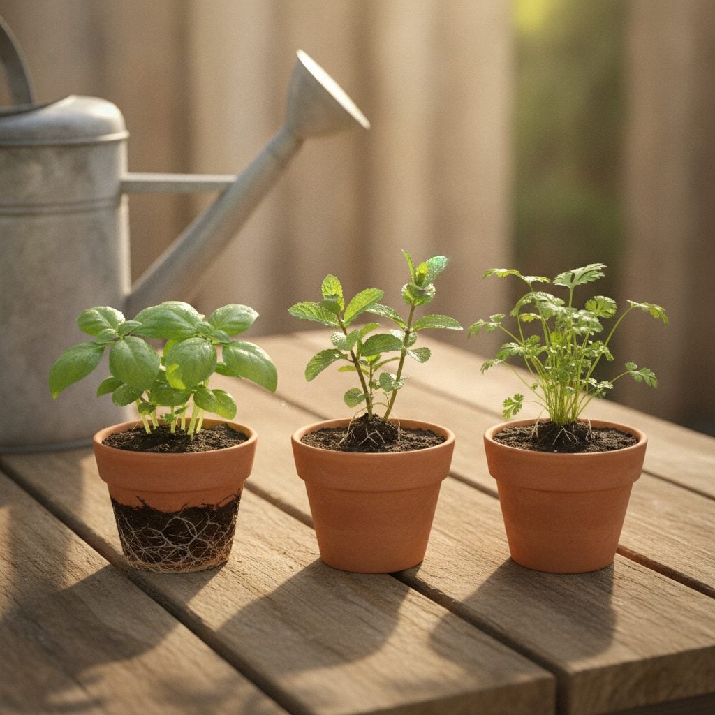 Wooden potting bench with terracotta pots holding regrown basil, mint, and cilantro herb cuttings just rooted into soil.