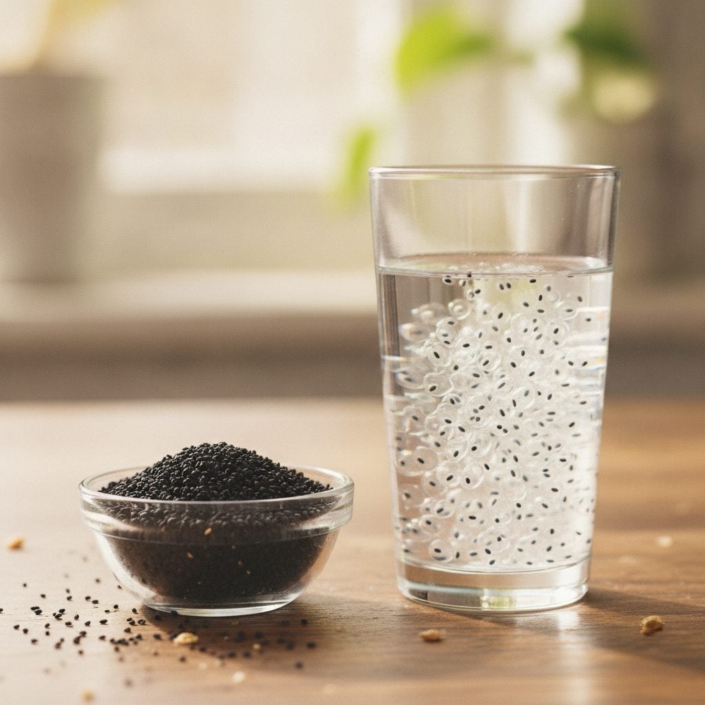 Small glass bowl of dry black basil seeds beside a glass of water with soaked basil seeds gelled into translucent jelly beads.