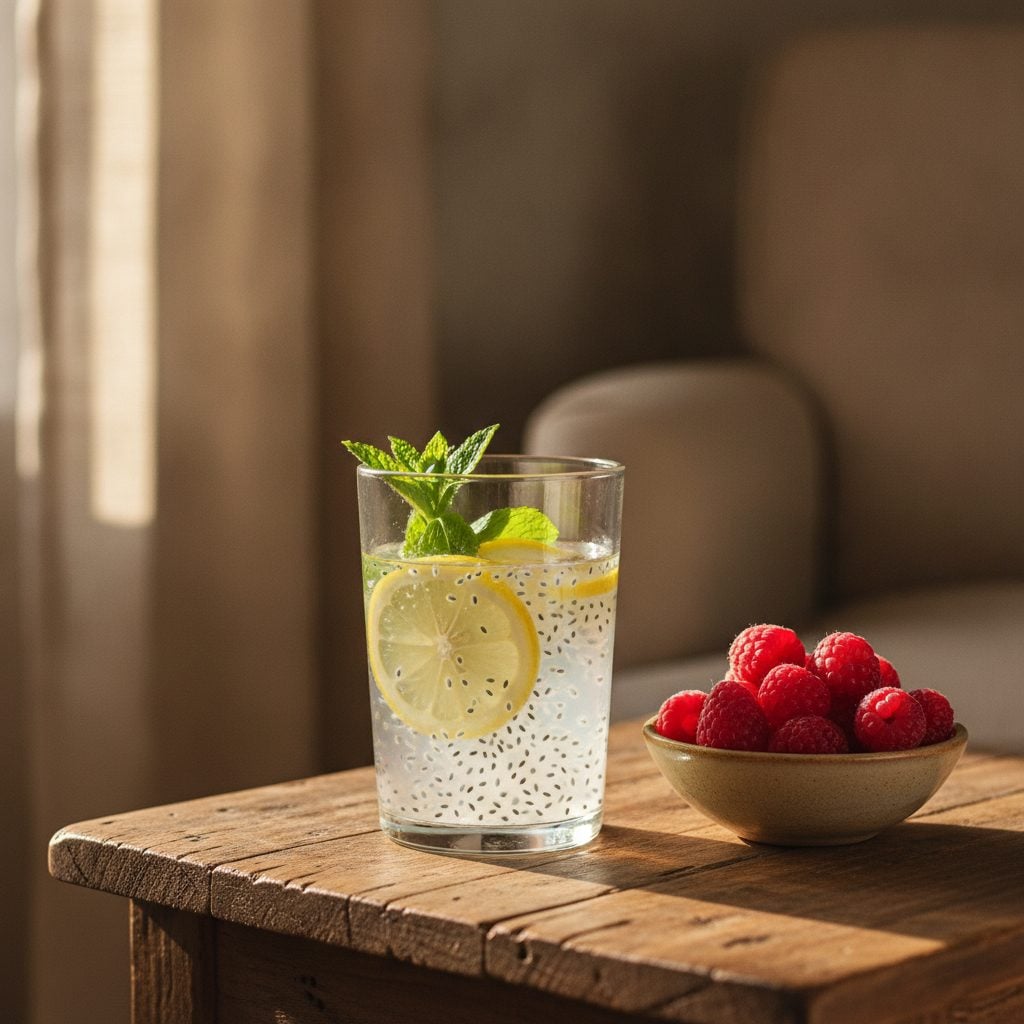 Glass of lemon water with basil seeds and a mint sprig on a wooden side table beside a small bowl of fresh raspberries.