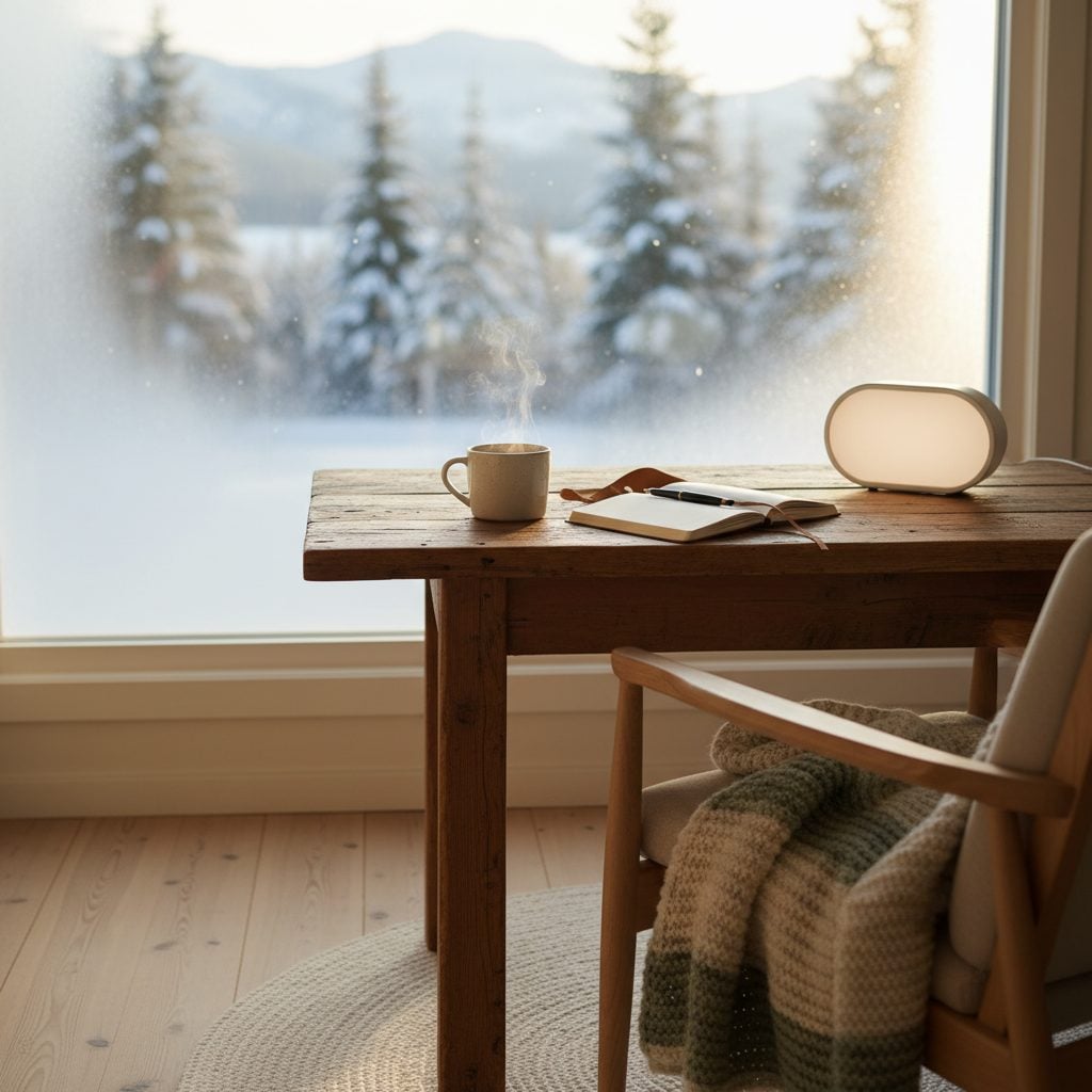 Cozy winter morning routine to beat the winter blues: warm coffee mug, wool blanket, open journal, and a light-therapy lamp on a wooden table by a frosted window with snowy evergreens outside