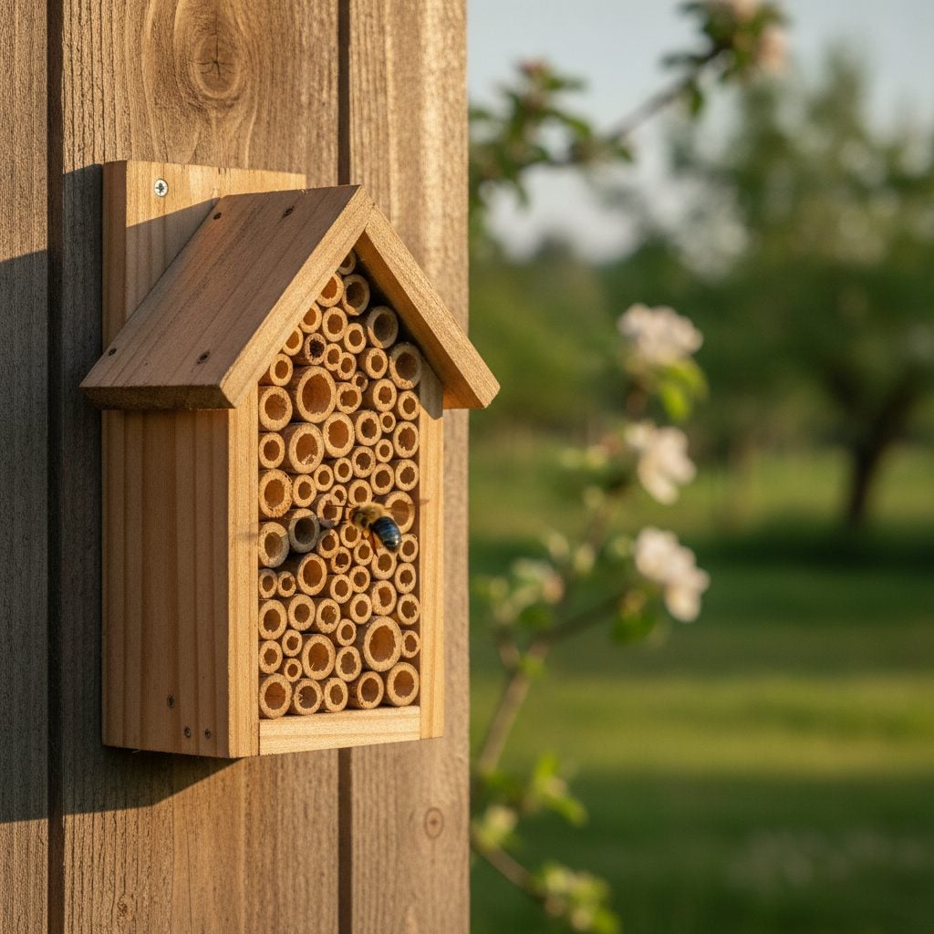 Wooden mason bee house with hollow bamboo tubes mounted on the southeast wall of a garden shed about five feet off the ground in morning sunlight.