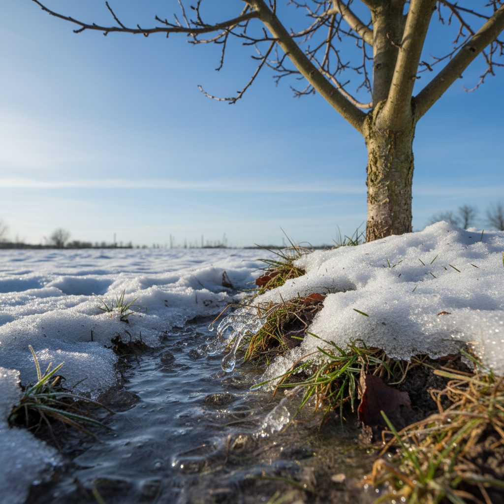 Snow melting at the base of a young apple tree, delivering trace nutrients and moisture, illustrating the benefits of snow in the garden.
