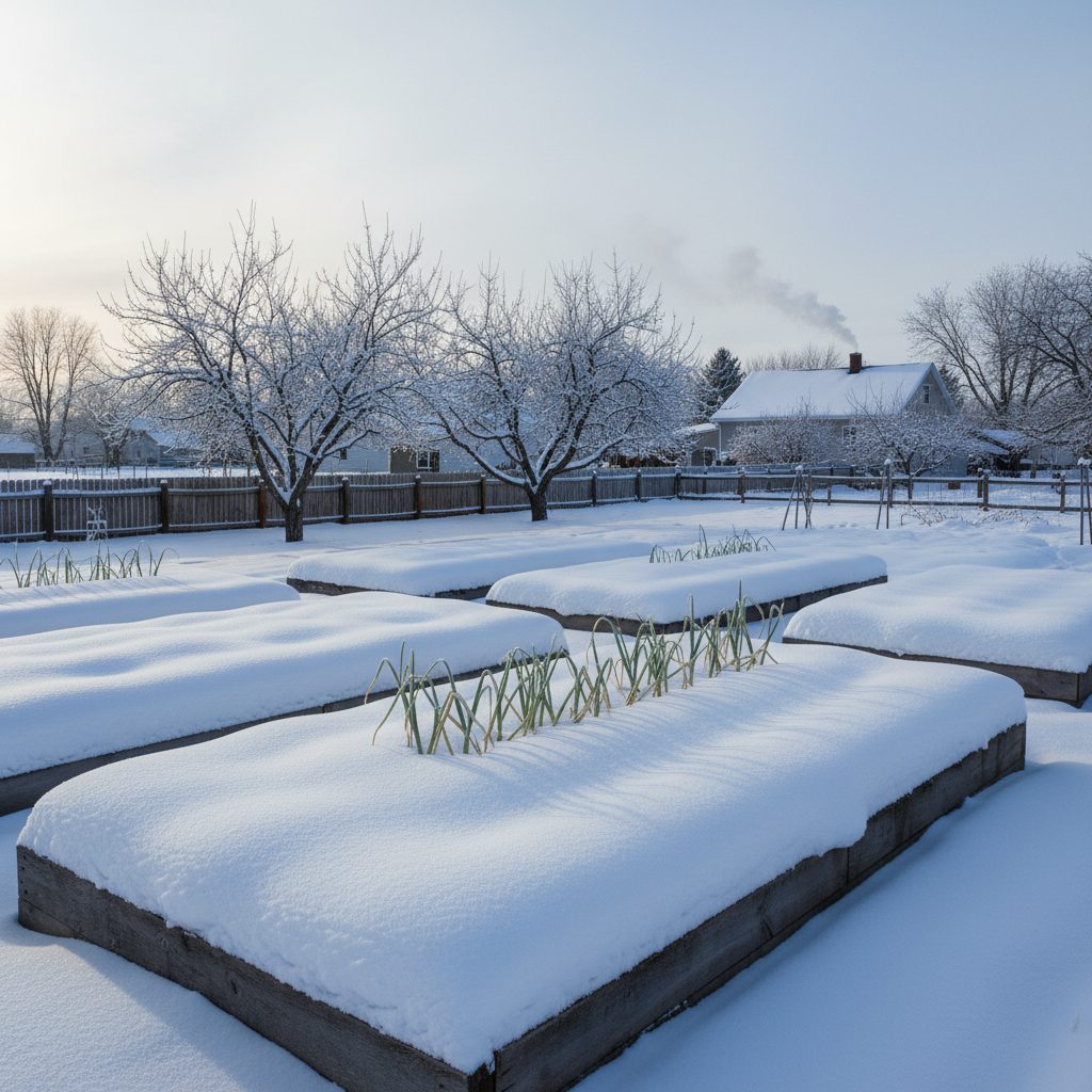 Backyard vegetable garden under thick snow with garlic stalks visible, showing the benefits of snow in the garden.