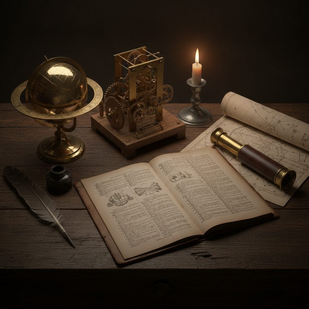 Open 18th century almanac, a wooden gear clock, and a star chart on a candlelit desk, honoring Benjamin Banneker the astronomer