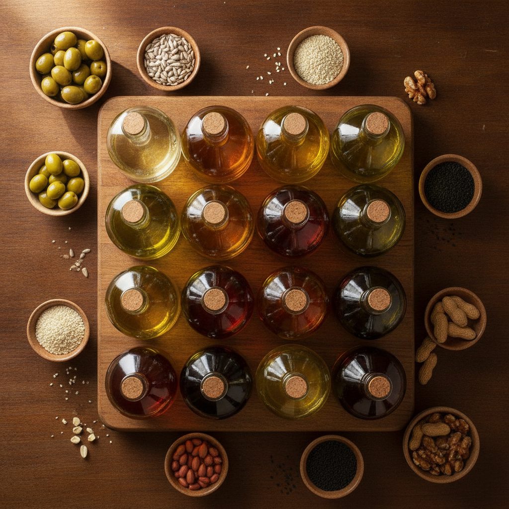 Fifteen cooking oils in matching glass bottles arranged with their source ingredients on a wooden counter