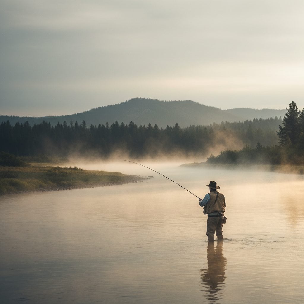 Angler fly fishing on a misty river at dawn under overcast sky, classic best weather for fishing conditions.