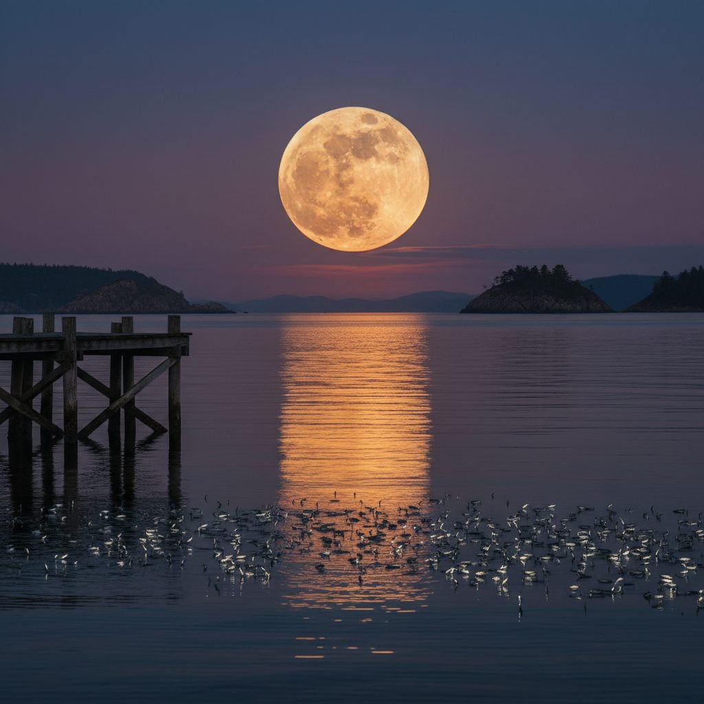 Full Moon rising over a calm coastal bay at dusk, the lunar timing that defines the best weather for fishing in saltwater.