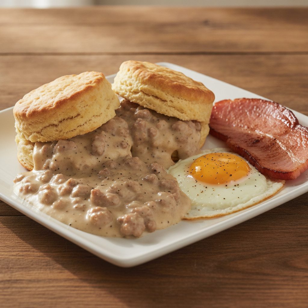 Southern biscuits and sausage gravy with fried egg and country ham on a diner plate at a farm table