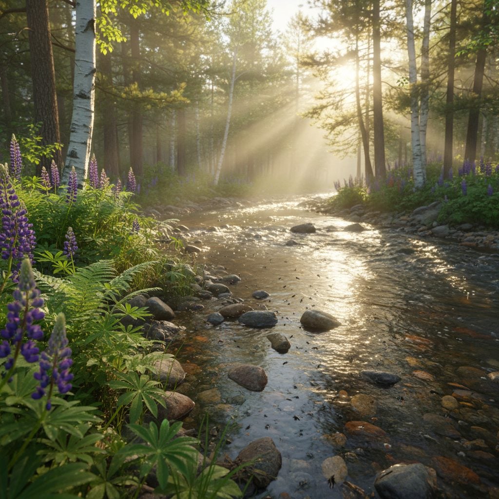 Sunlit Maine stream at the edge of pine and birch forest in late May, hovering swarm of black flies above the clear running water