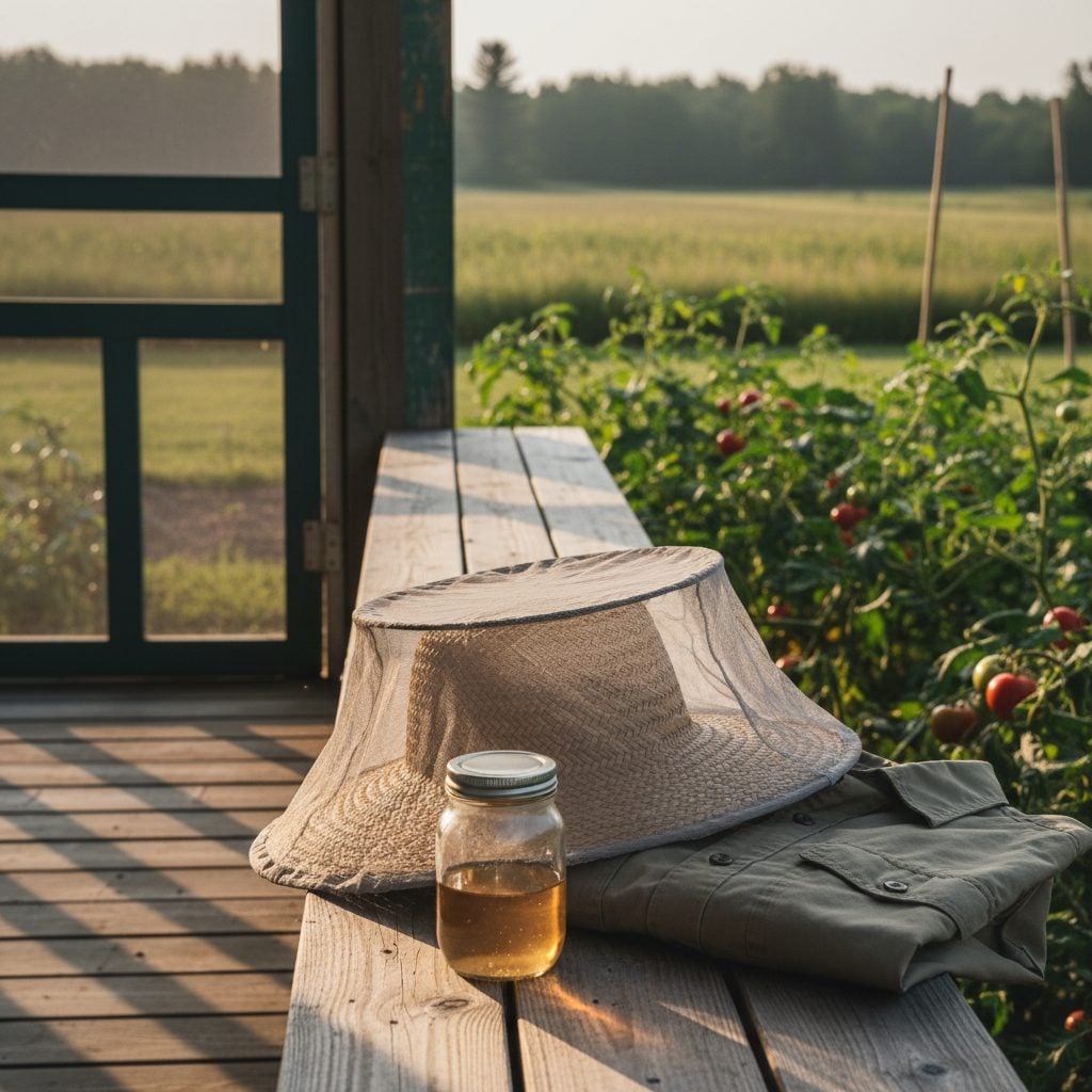 Wide-brim netted hat, light-colored long sleeves, and apple cider vinegar laid out on a rural New England porch to repel black flies