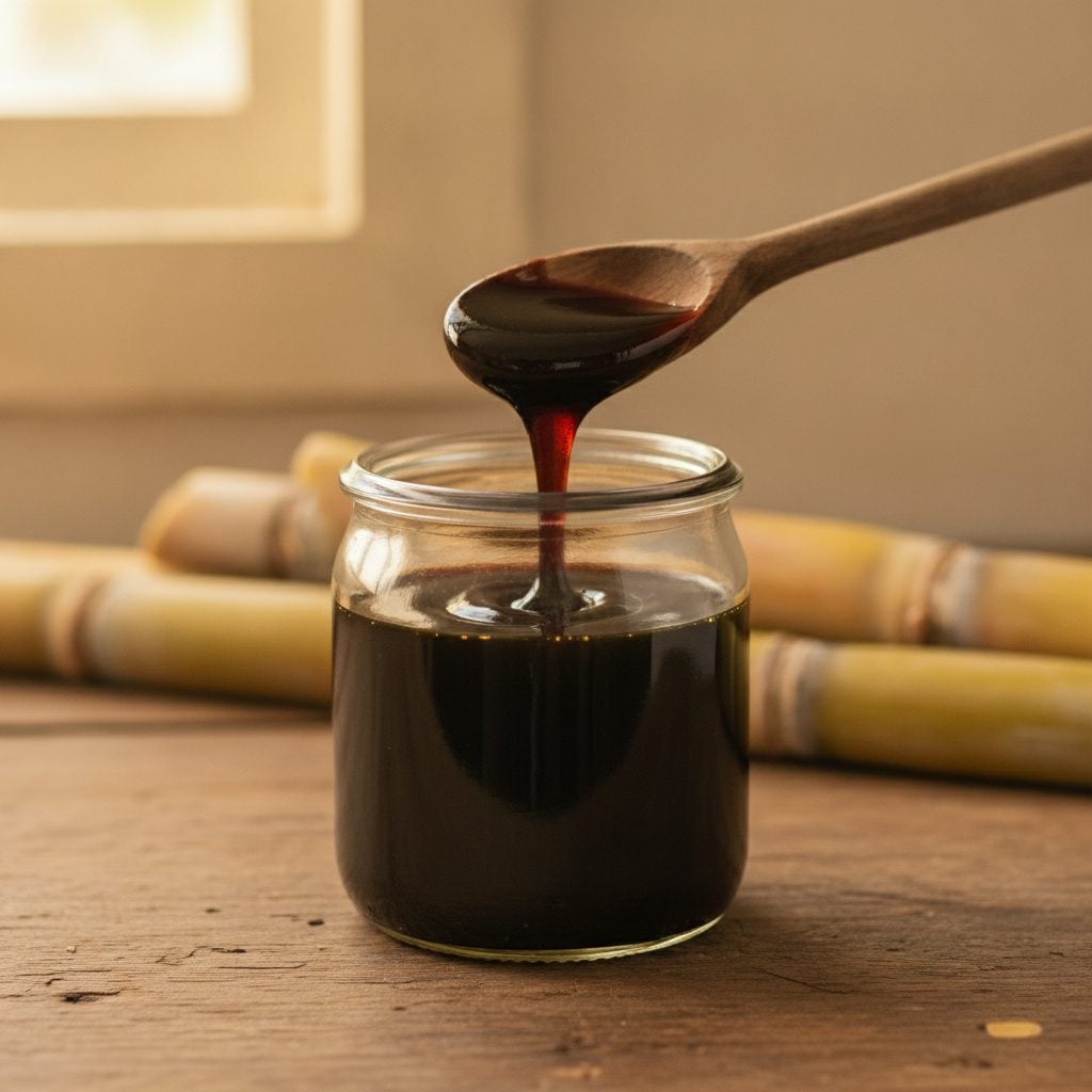 Glass jar of thick dark blackstrap molasses with a wooden spoon dipped in dripping slowly, on a rustic wooden kitchen counter with sugarcane stalks in the background.