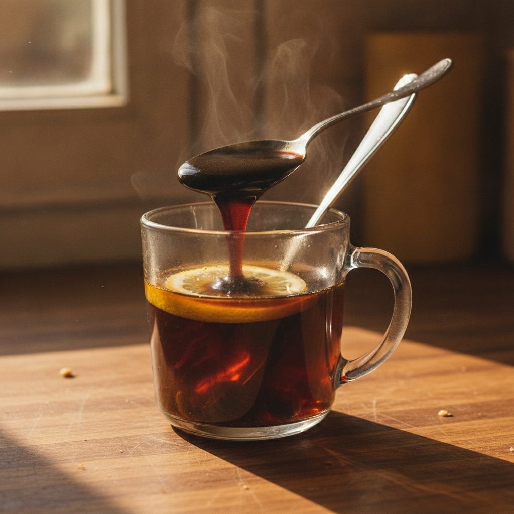 Glass mug of hot water with blackstrap molasses dissolving and a slice of lemon, the traditional folk morning drink.