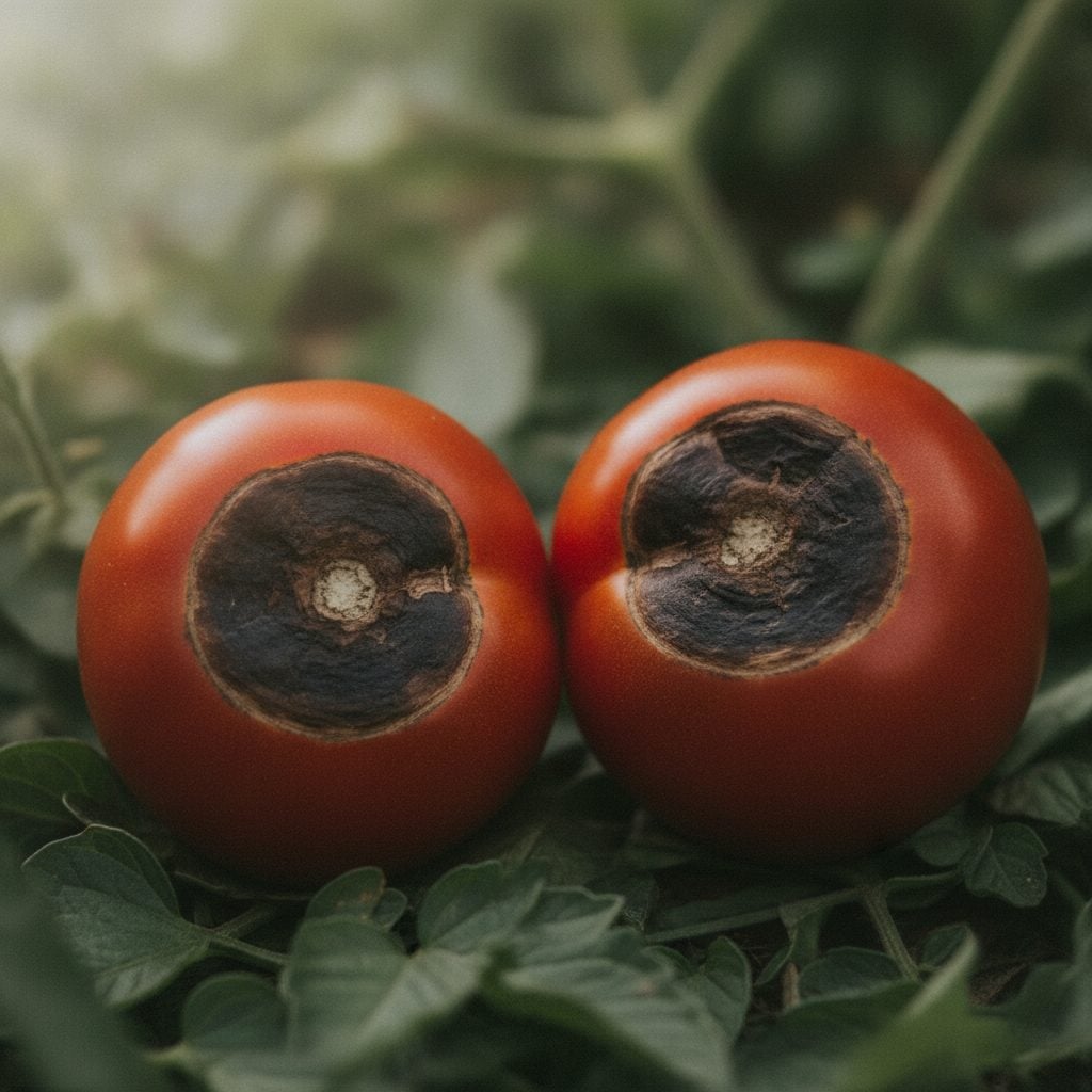 Two tomatoes with classic blossom end rot showing the distinctive dark sunken spot on the blossom end with green leaf background.