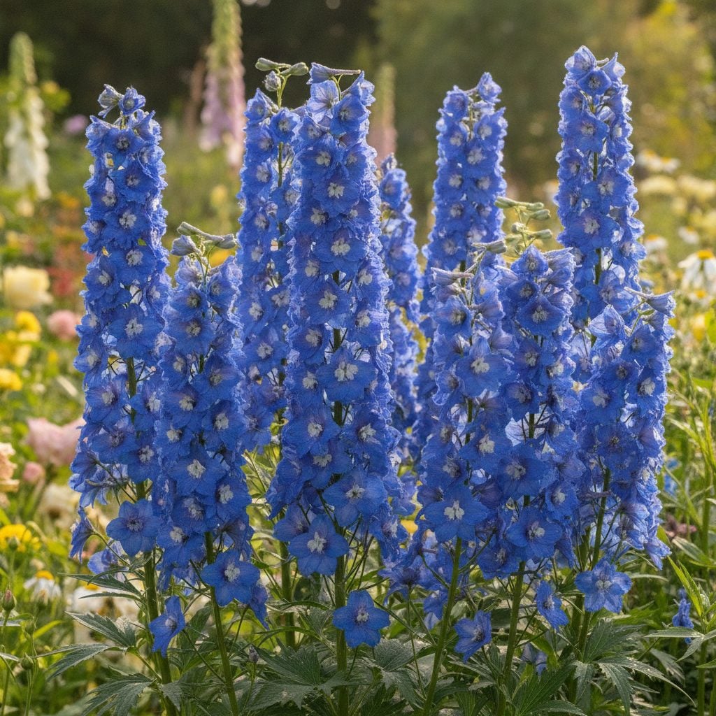 Tall blue larkspur Delphinium spikes in full bloom in a sunny cottage garden in soft summer afternoon light.