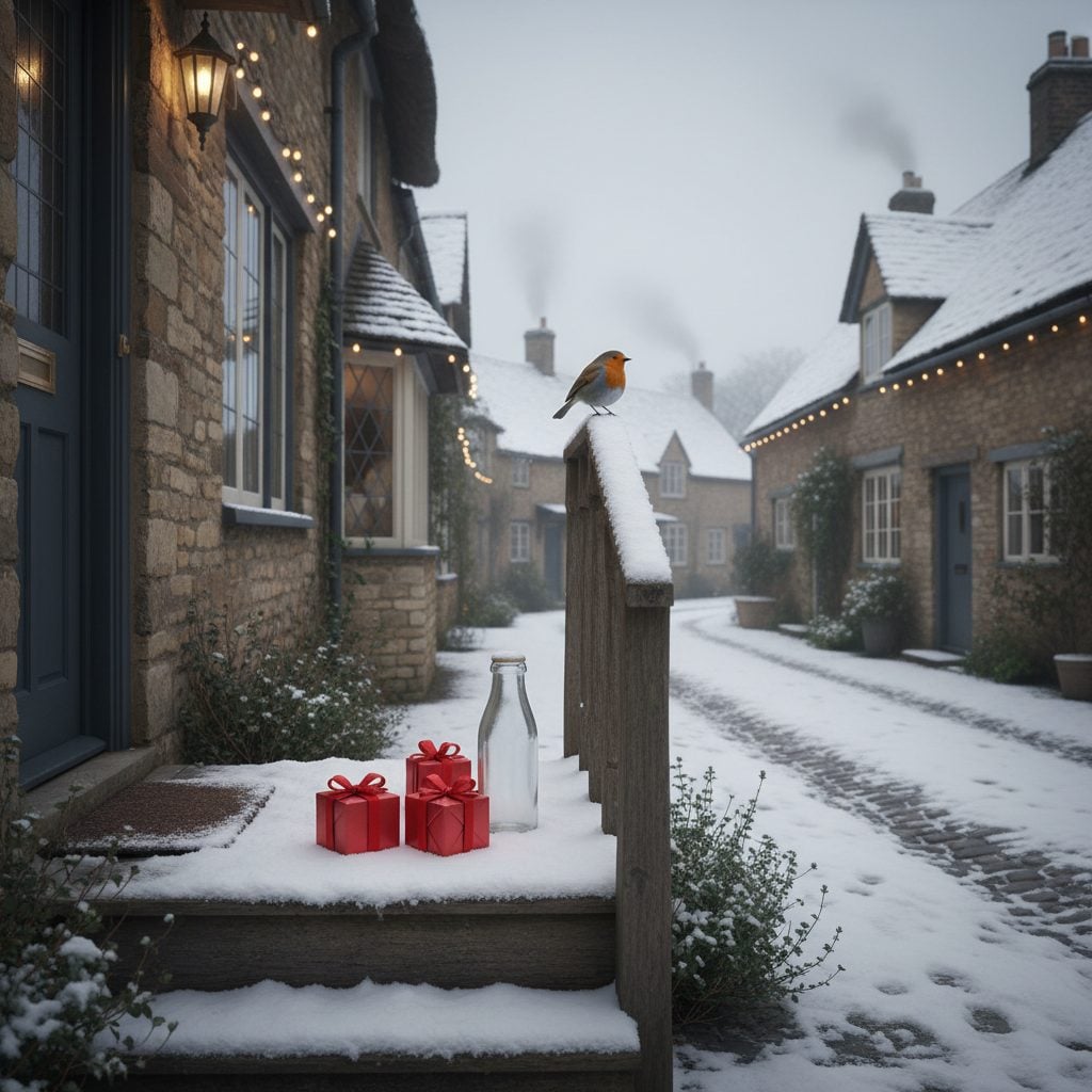 A snowy English village doorstep with three small wrapped gift boxes tied with red ribbon beside an empty milk bottle and a robin on the rail