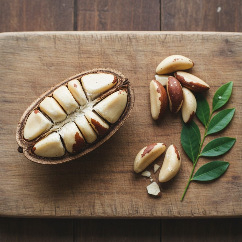 An open woody Brazil nut pod cut in half showing the orange-segment arrangement of nuts inside, with shelled Brazil nuts beside it on a wooden cutting board