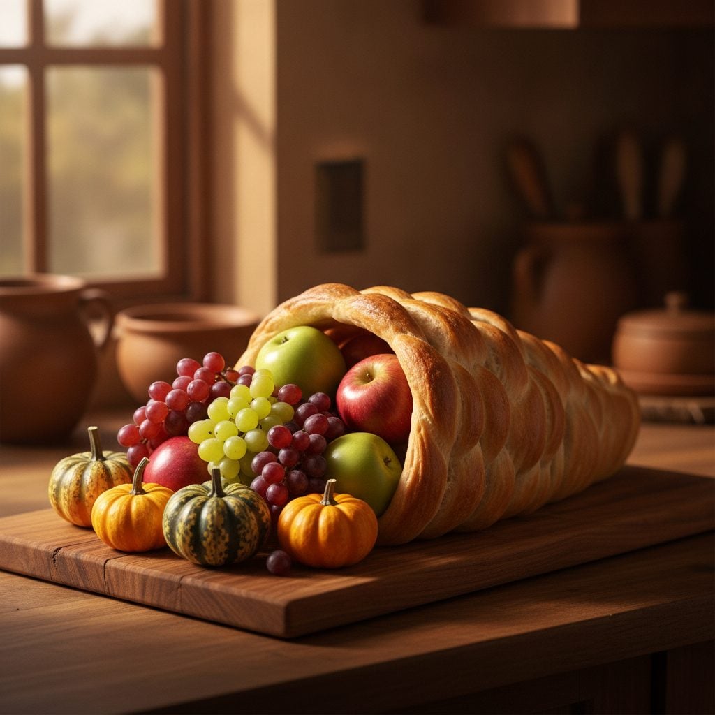 Freshly baked golden bread cornucopia on a wooden serving board filled with grapes, apples, and small gourds in afternoon kitchen light.