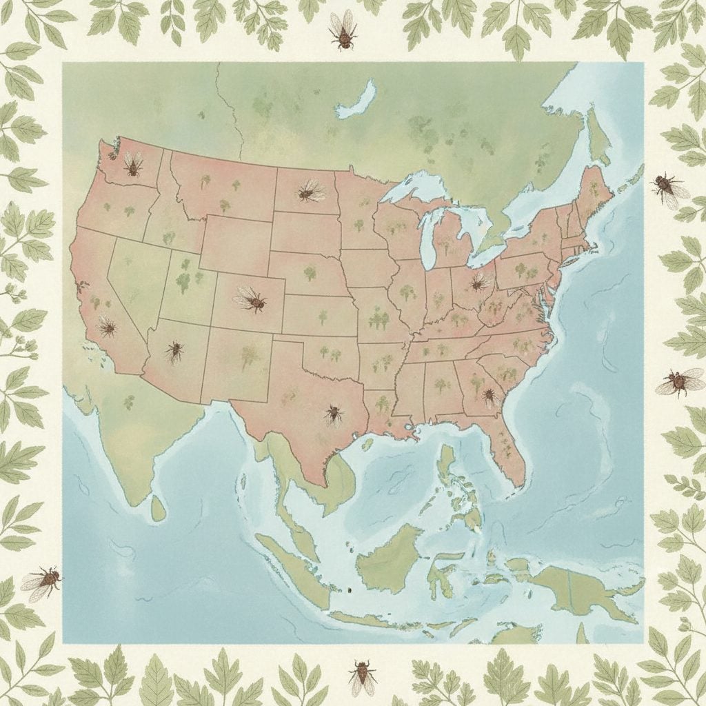 Painted educational map of the eastern US showing 2025 Brood XIV cicada emergence with soft red shading over Kentucky, Tennessee, Ohio.