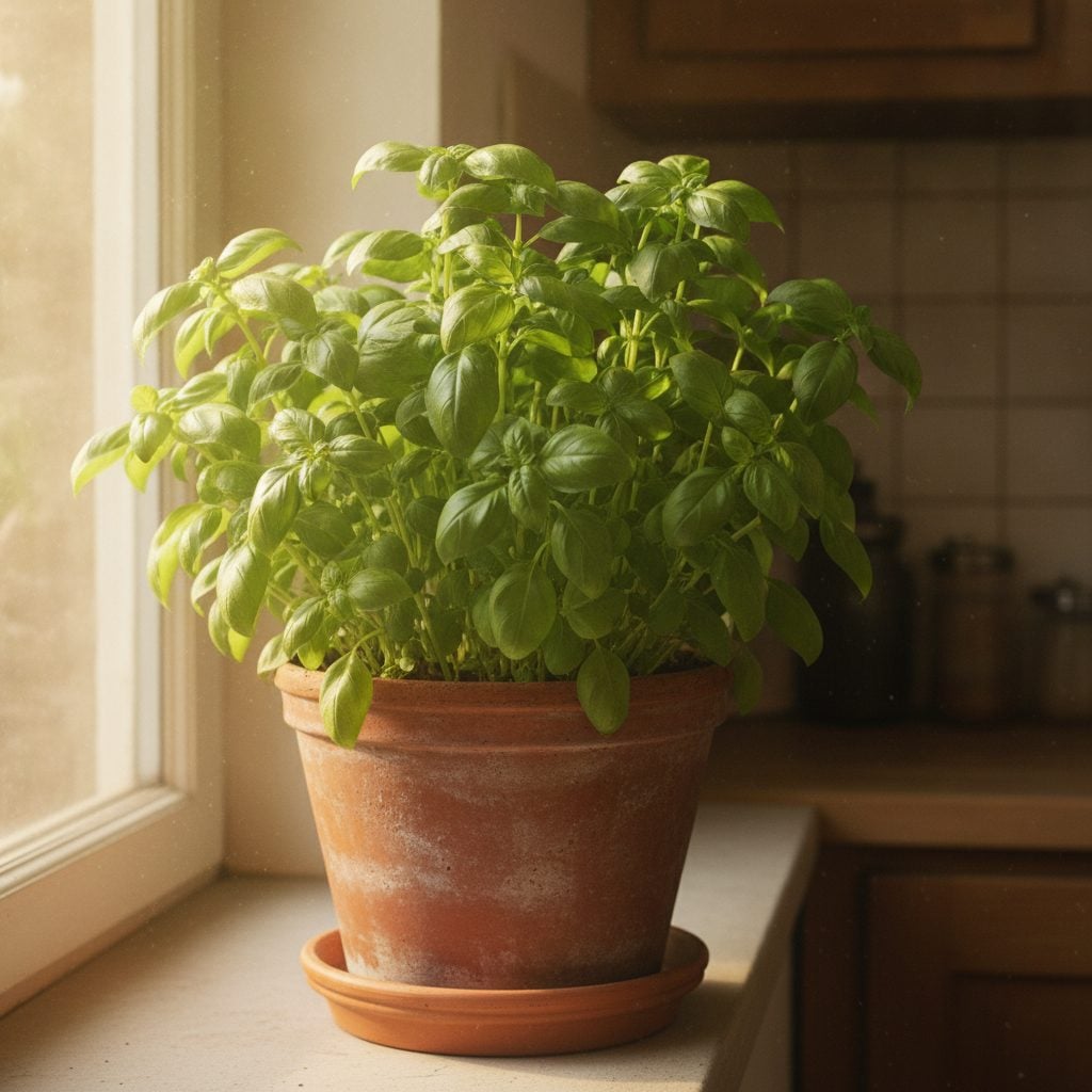 Large bushy basil plant in a terracotta pot on a sunny kitchen windowsill with dense green leaves filling the pot in summer morning light.