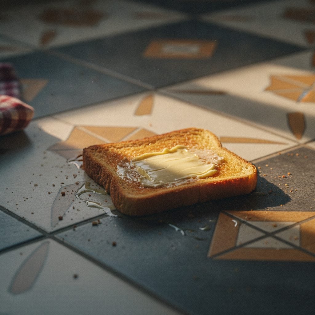 Piece of buttered toast that has fallen butter-side-down on a kitchen floor in soft morning light.