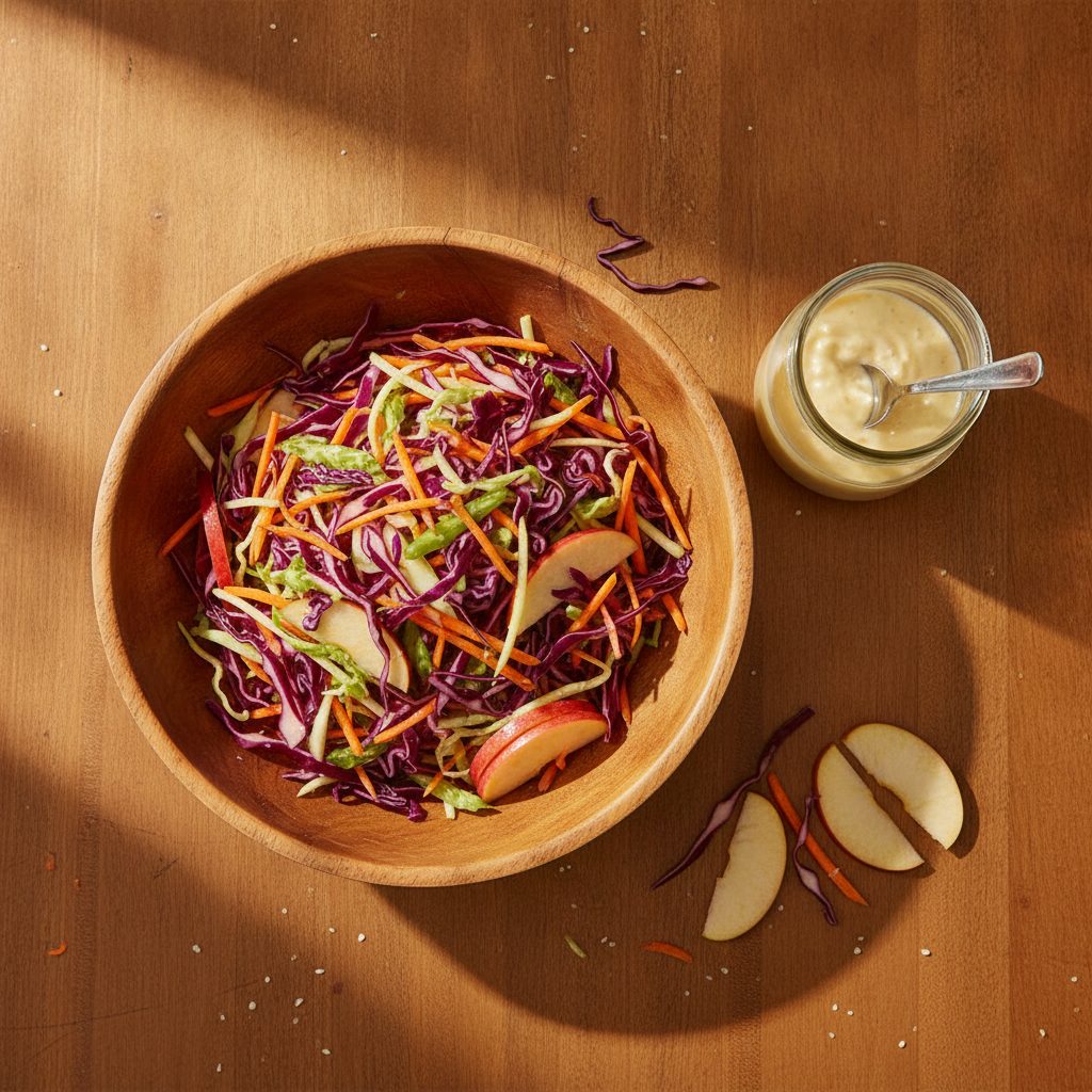 Colorful red and green cabbage slaw in a wooden serving bowl with sliced apples and carrots on a sunny kitchen table.