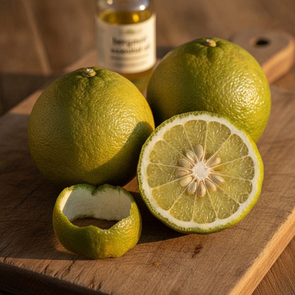 Fresh green-yellow Calabrian bergamot citrus fruits on a wooden cutting board with one halved showing the pale interior and peel curls beside them.