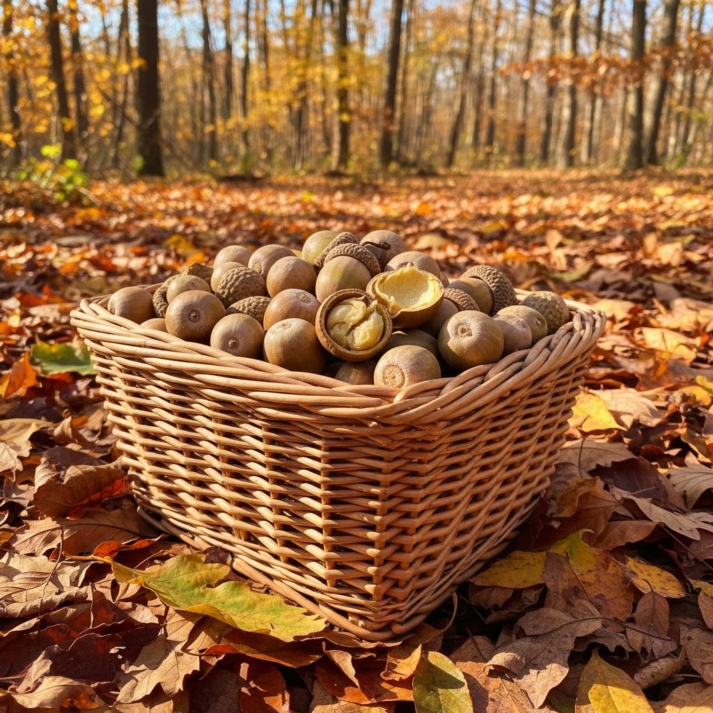 Wicker basket of foraged white oak acorns on autumn forest floor with some cracked to show the nutmeat