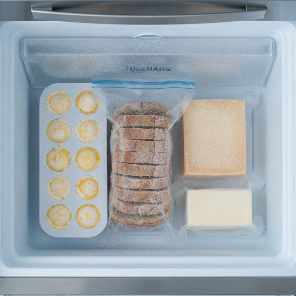 Freezer drawer with frozen egg portions in silicone molds, bagged sliced bread, cheese, and butter all labeled
