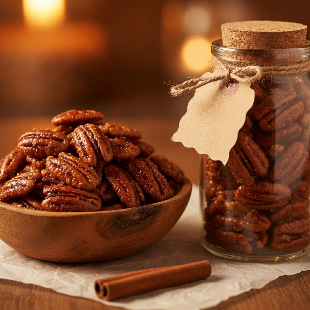 Bowl of glossy candied pecans with caramelized sugar coating