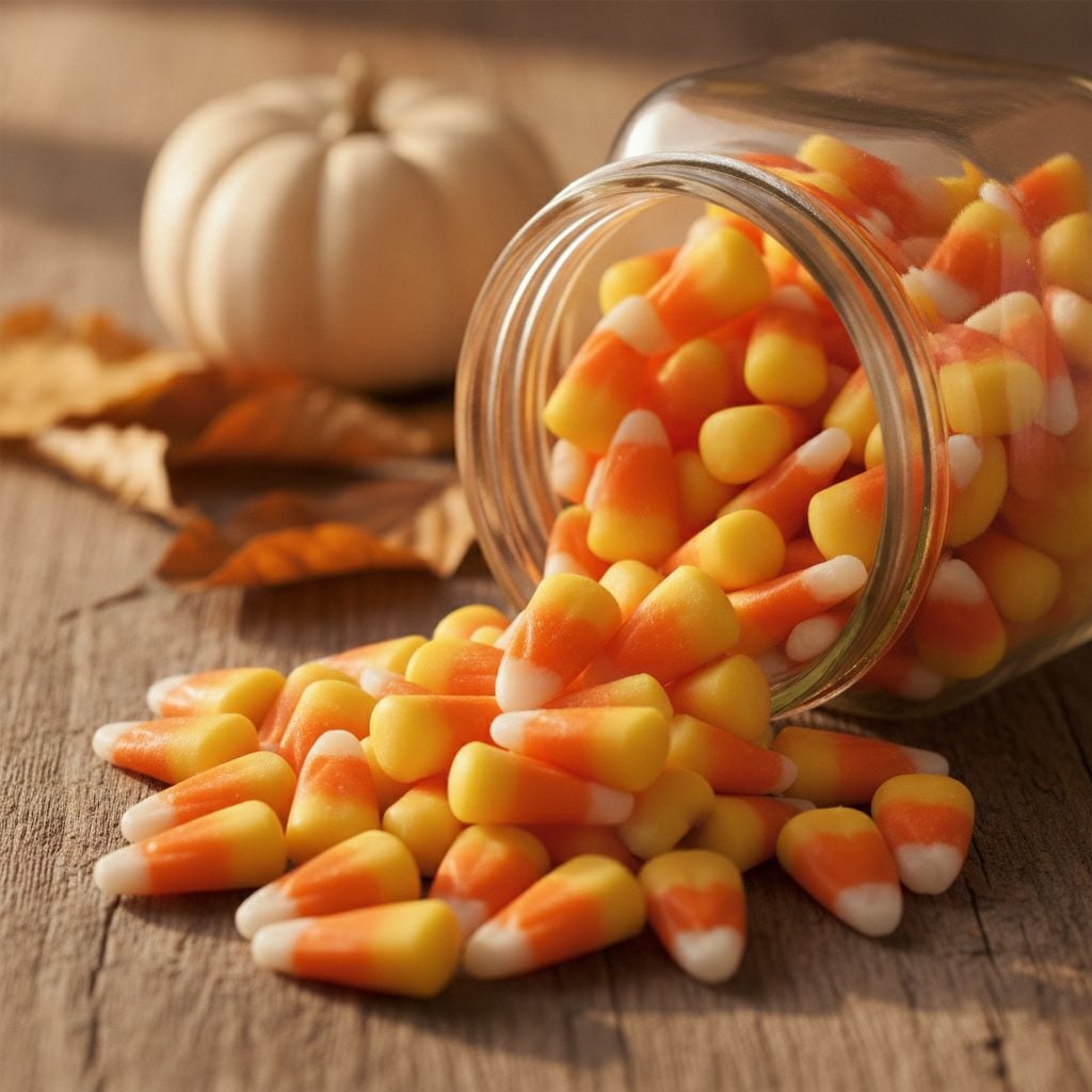 Glass jar overflowing with classic tri-color candy corn on a Halloween table with a white pumpkin