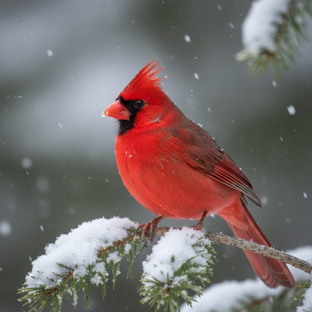 A bright red male northern cardinal perched on a snowy branch on a gray winter day, the bird at the heart of cardinal meaning lore