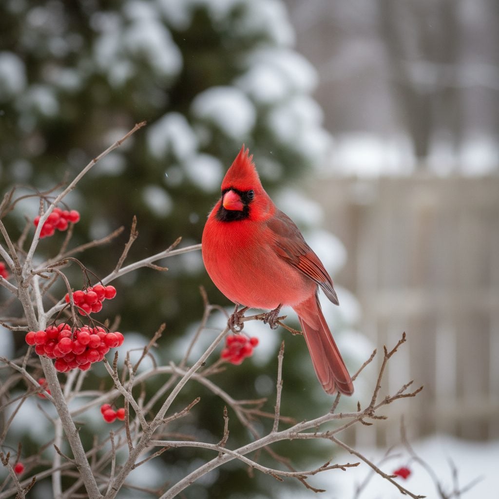 A red cardinal perched near bright winterberries in a quiet backyard, illustrating the cardinal meaning of hope in winter