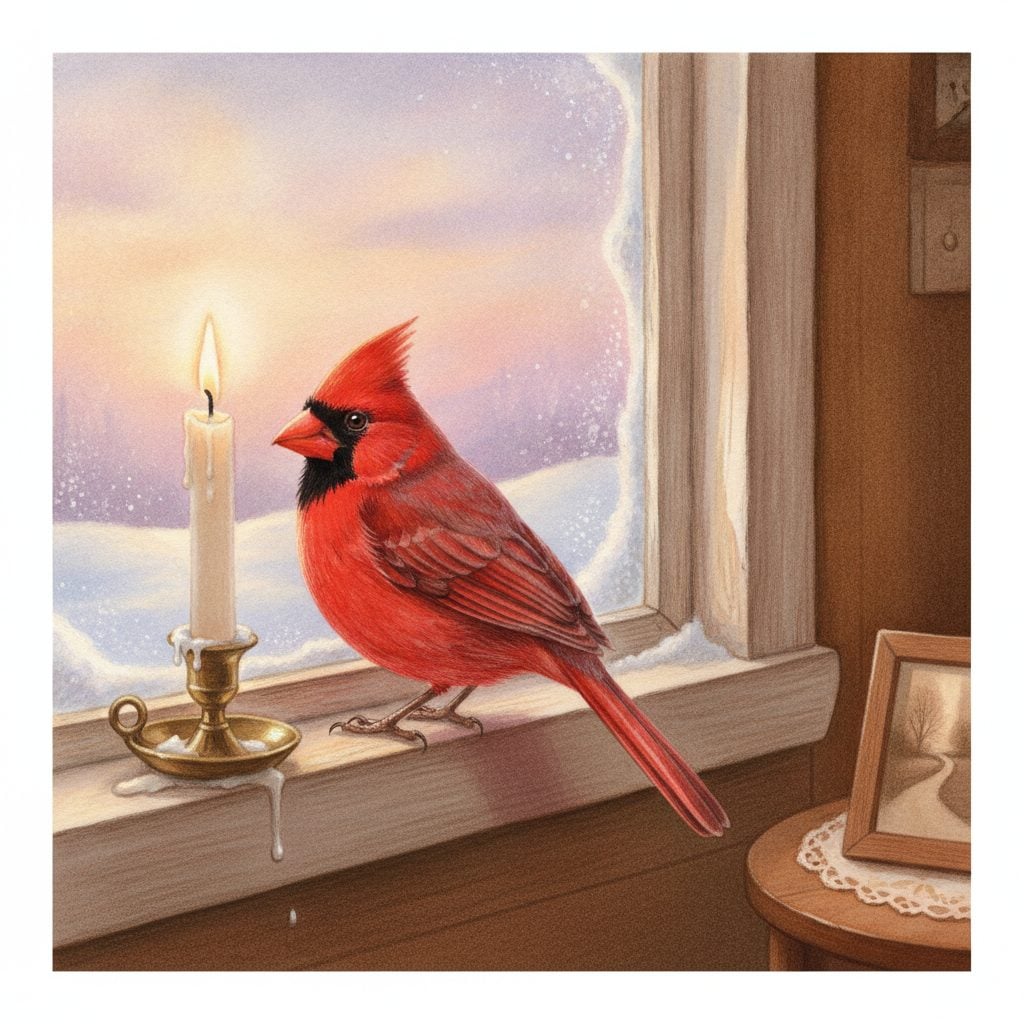 Bright red cardinal perched on a snowy windowsill at dawn with a lit candle inside the kitchen, a folkloric sign of a visiting deceased loved one.