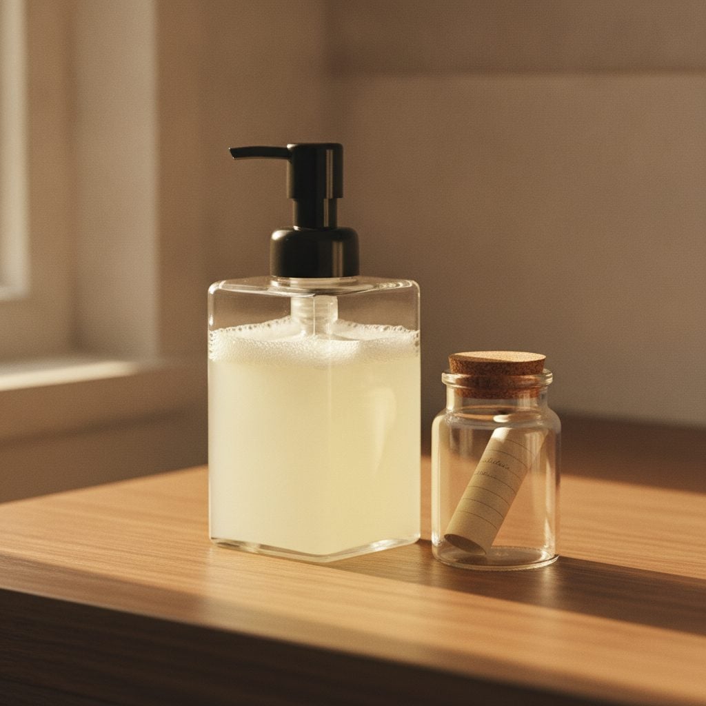 Wooden bathroom counter with a glass foaming hand soap dispenser of pale yellow castile soap and a small jar with dilution notes in soft morning light.