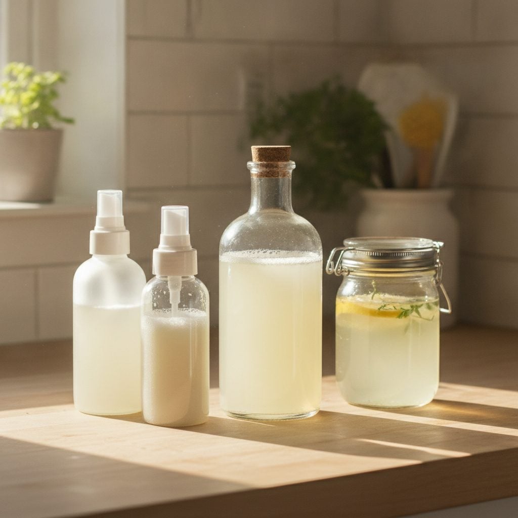 Glass bottle of pale yellow castile soap with various household cleaning containers refilled with diluted castile cleaner on a kitchen counter.